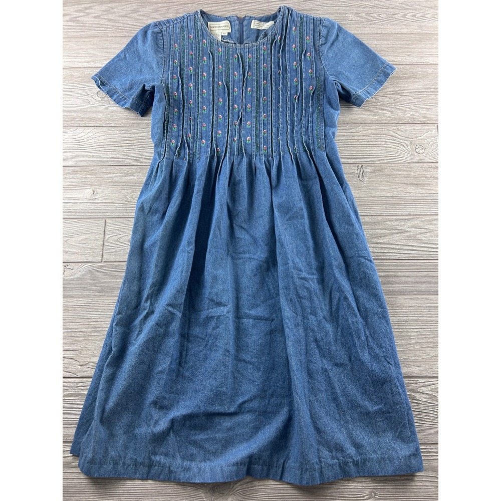 Vintage Karin Stevens Denim Floral Embroidered Pintuck Midi Dress Blue Size 12
